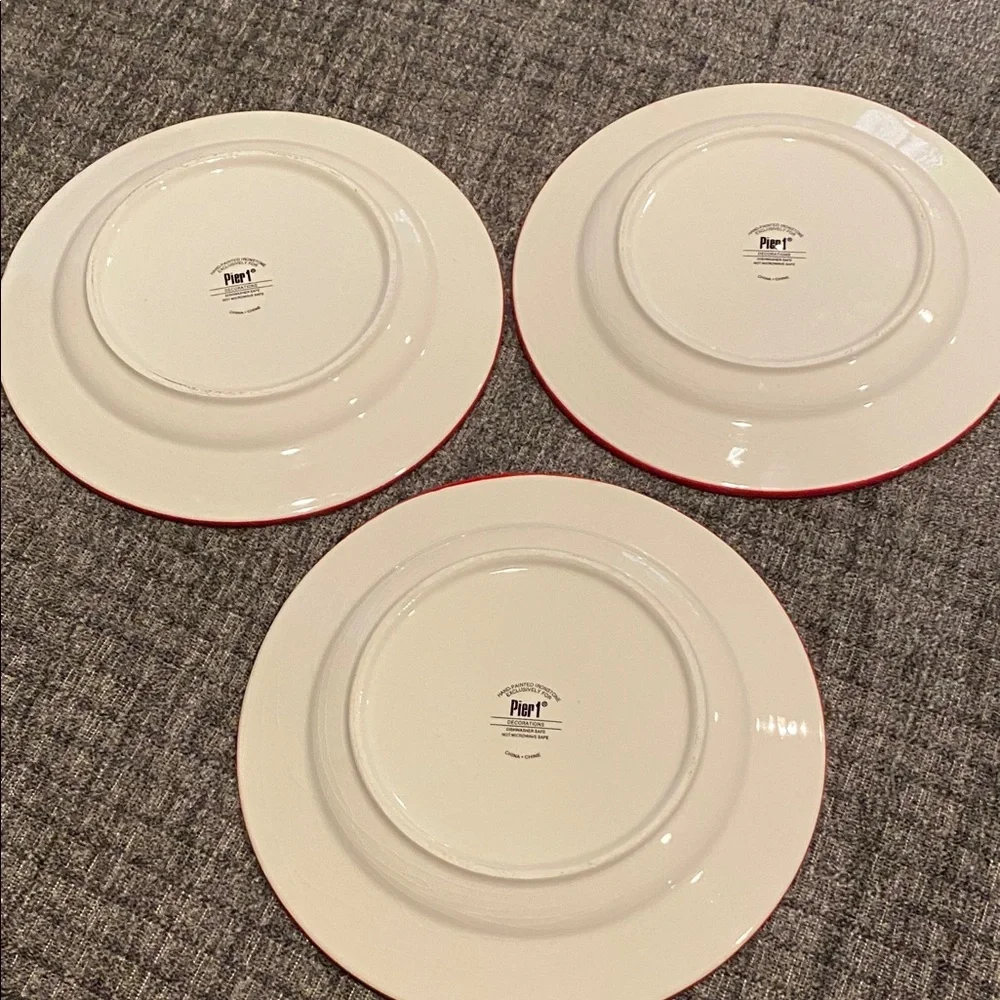 Pier 1 Festive Red and Green Holiday Plates “Decorations”. Ceramic. Set of 3.